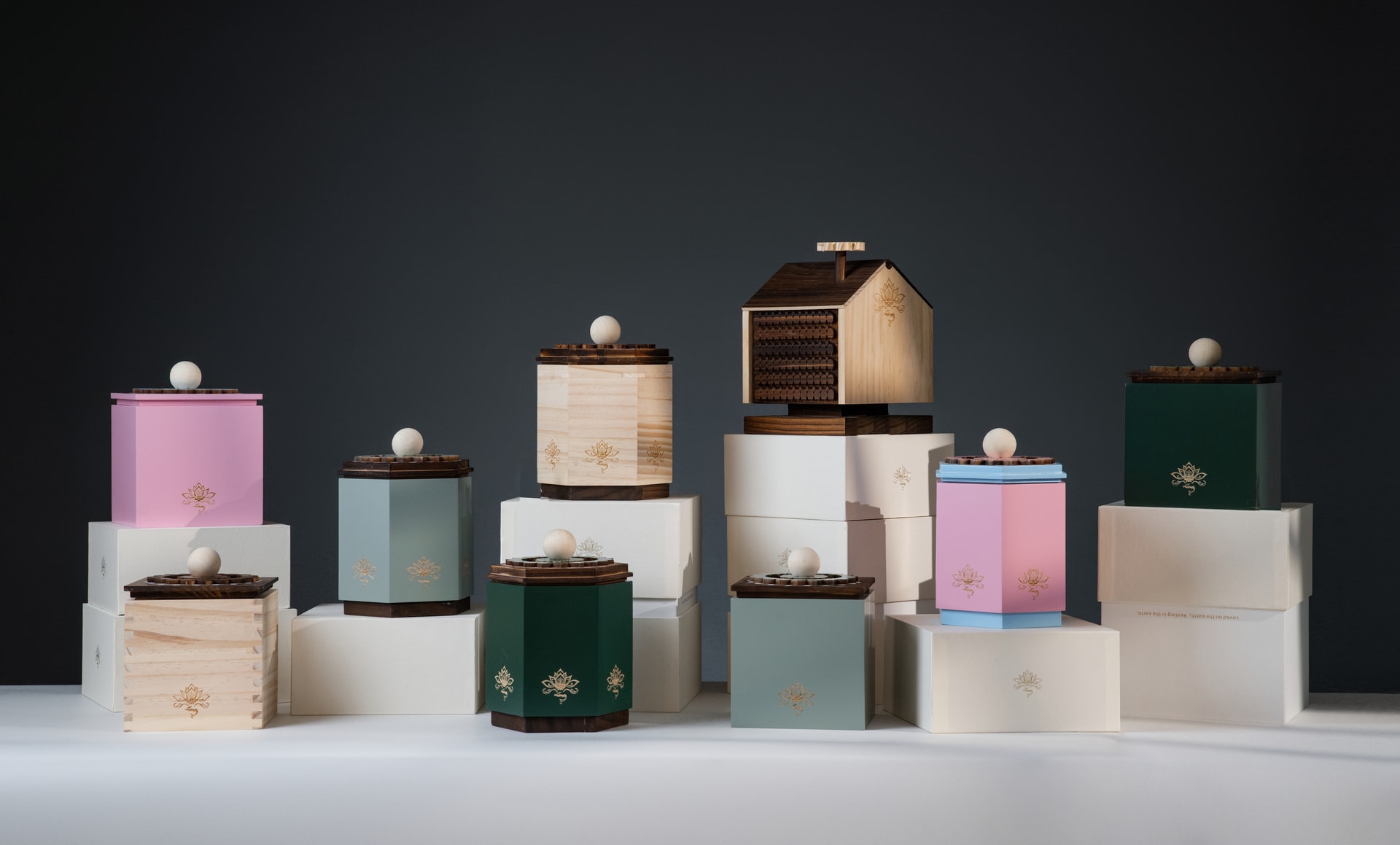 The LumaPet wooden collection: the Square, the Hexagon and the House in four colors