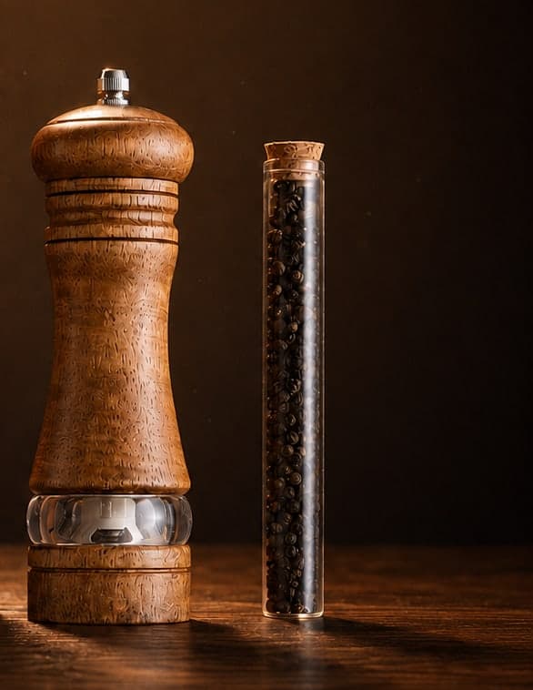 The solid-wood grinder beside a tube of whole black peppercorns
