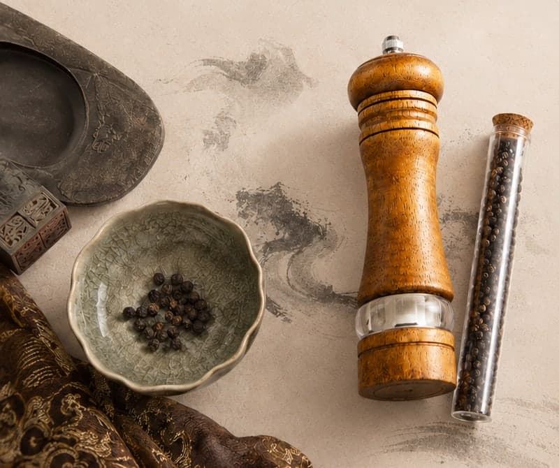 A grinder, a tube of pepper, a bowl of peppercorns and an inkstone on rice paper