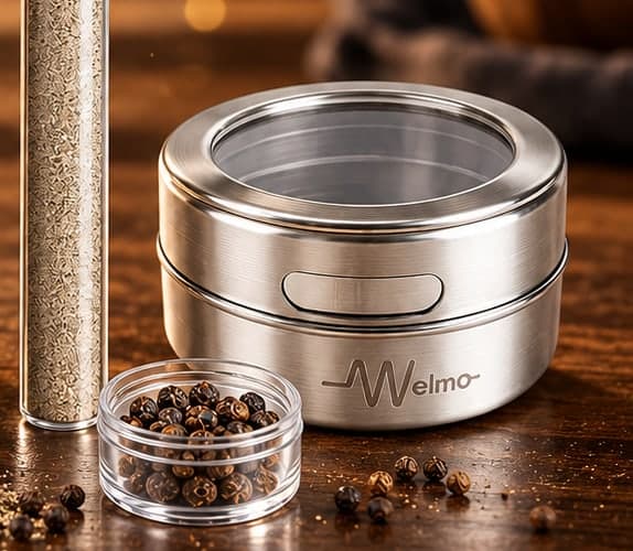 The magnetic spice tin, a tube of fresh-ground powder and a dish of peppercorns